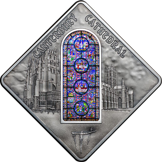 Palau 2015 $10 Sacred Art Holy Windows Canterbury Cathedral 50g Silver Antiqued Coin with Coloured Window Insert