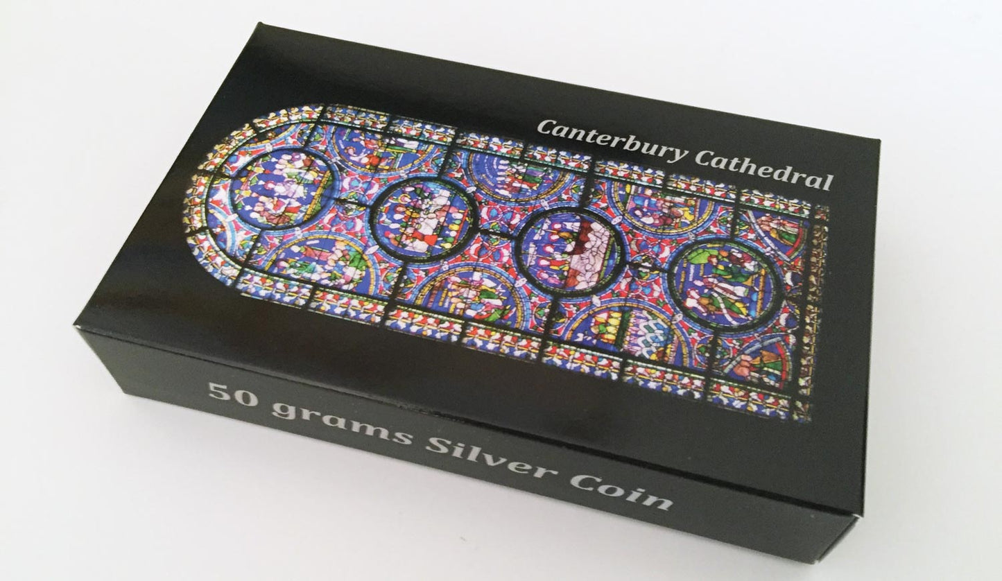 Palau 2015 $10 Sacred Art Holy Windows Canterbury Cathedral 50g Silver Antiqued Coin with Coloured Window Insert