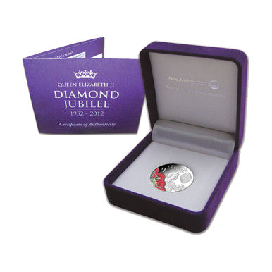 NZ 2012 $1 Queen Elizabeth Diamond Jubilee 1oz Silver Coloured Proof Coin