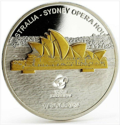 Cook Islands 2008 $10 World Monuments Sydney Opera House Selectively Gold Plated 1oz Silver Proof Coin