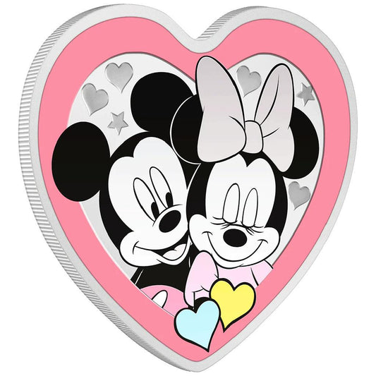 Niue 2023 $2 Disney Love Mickey and Minnie Mouse 1oz Silver Coloured Proof Heart Shaped Coin