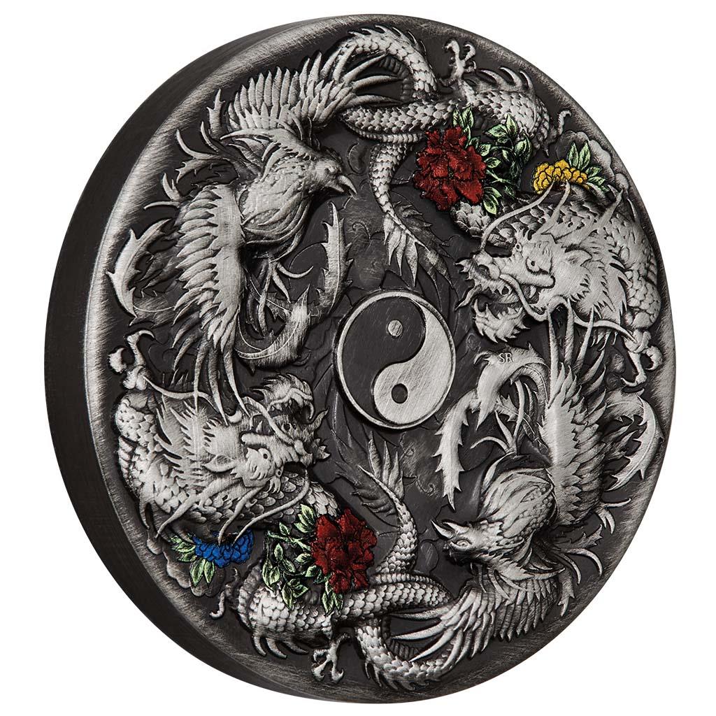 Tuvalu 2021 $2 Chinese Mythical Creatures Double Dragon & Double Phoenix 2oz Silver Coloured Antiqued Coin