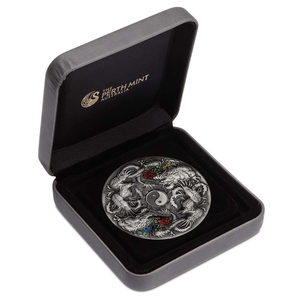 Tuvalu 2021 $2 Chinese Mythical Creatures Double Dragon & Double Phoenix 2oz Silver Coloured Antiqued Coin