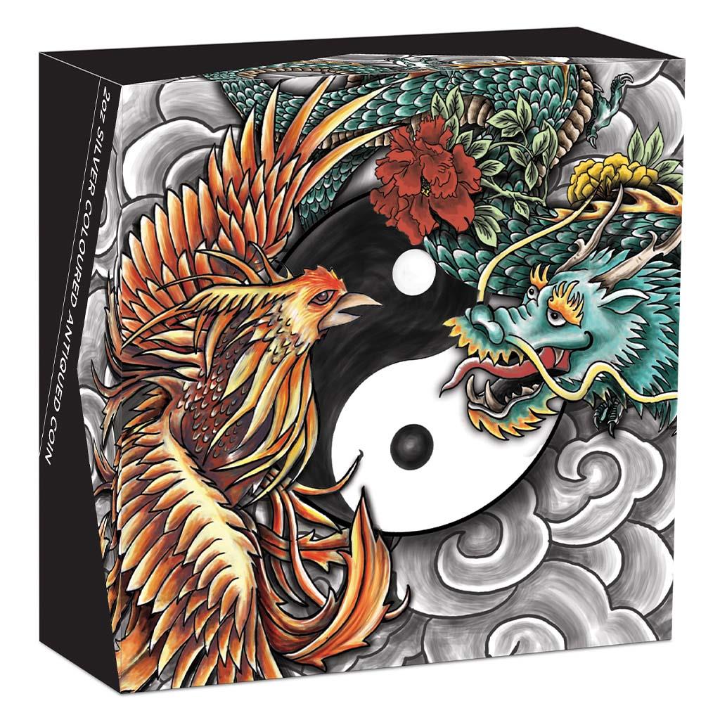 Tuvalu 2021 $2 Chinese Mythical Creatures Double Dragon & Double Phoenix 2oz Silver Coloured Antiqued Coin