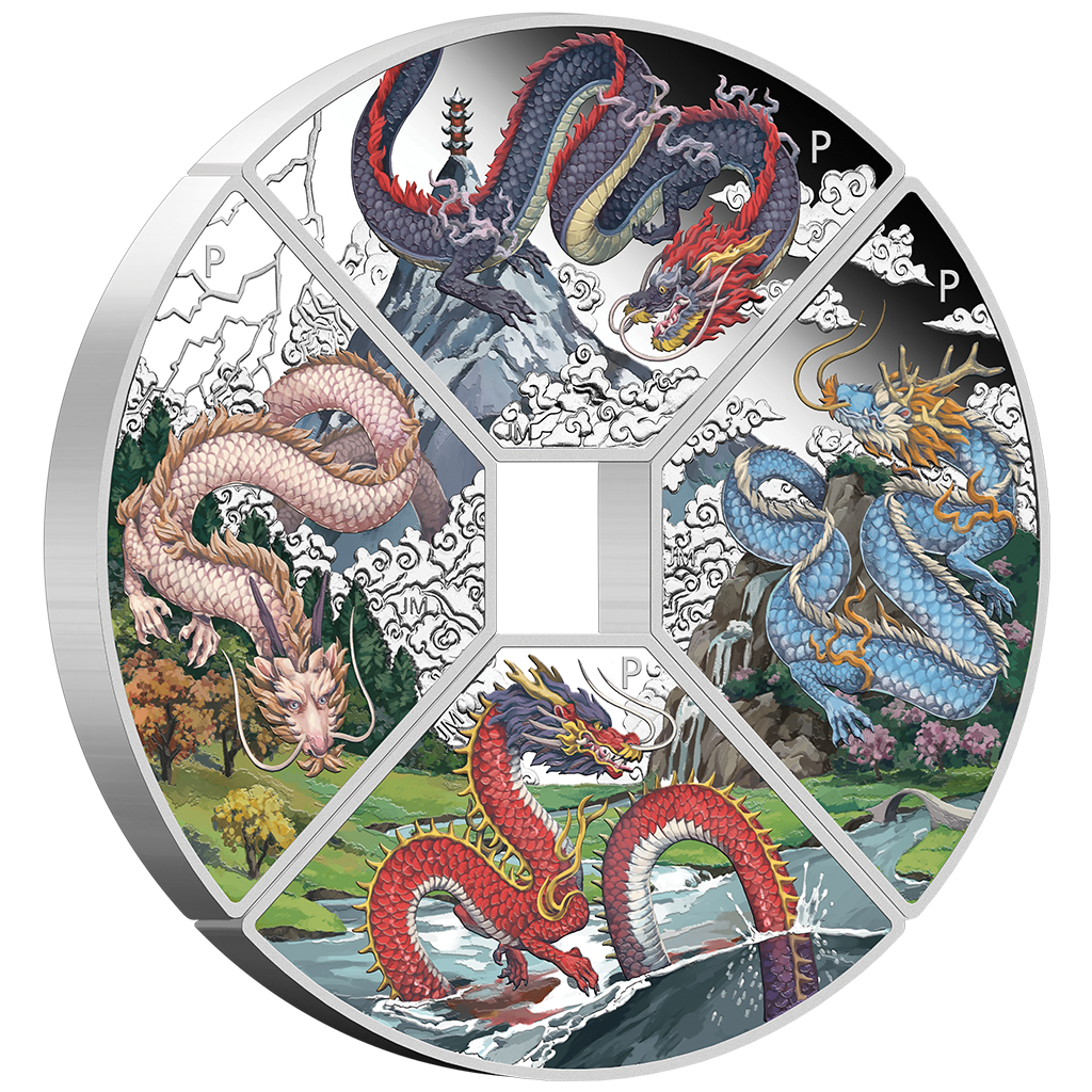 Tuvalu 2024 $1 Lunar Year of The Dragon 1oz Silver Coloured Proof 4 Quadrant Coin Set