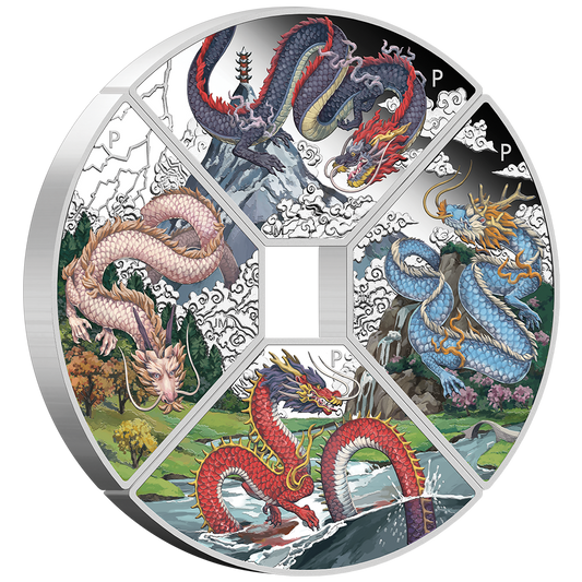 Tuvalu 2024 $1 Lunar Year of The Dragon 1oz Silver Coloured Proof 4 Quadrant Coin Set
