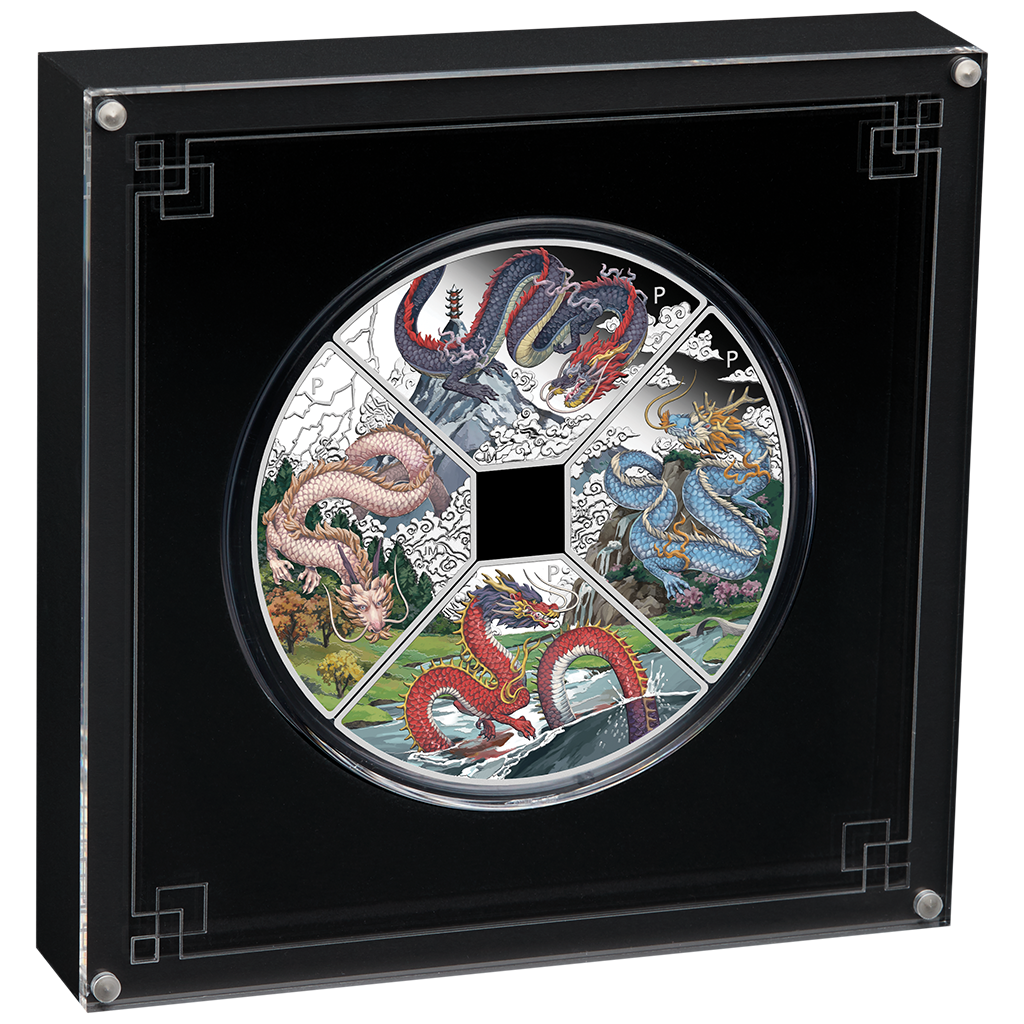 Tuvalu 2024 $1 Lunar Year of The Dragon 1oz Silver Coloured Proof 4 Quadrant Coin Set