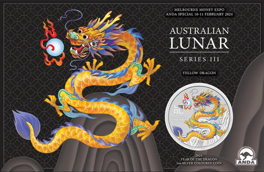 2024 $1 ANDA Melbourne Lunar Year of The Dragon Yellow Dragon 1oz Silver Coloured Uncirculated Coin