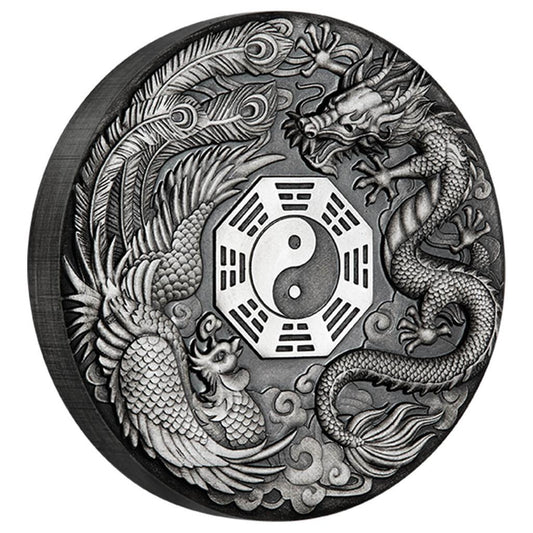 Tuvalu 2019 $2 Chinese Mythical Creatures Dragon & Phoenix 2oz Silver Antiqued Coin