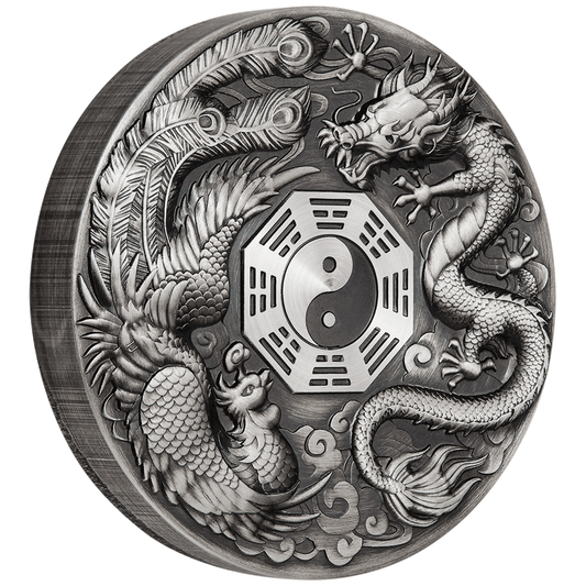 Tuvalu 2019 $5 Chinese Mythical Creatures Dragon & Phoenix 5oz Silver Antiqued Coin