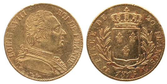 France, 1815L Louis XVIII Twenty Francs, Fine