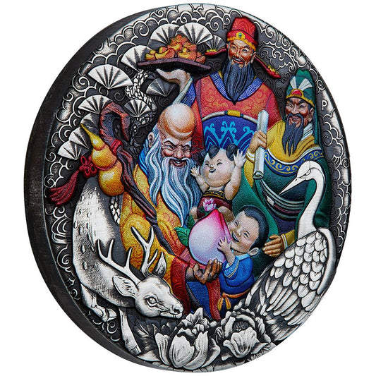 Tuvalu 2023 $5 The Sanxing Three Stars Fu Lu Shou The Three Stars 5oz Silver Coloured Antiqued Coin