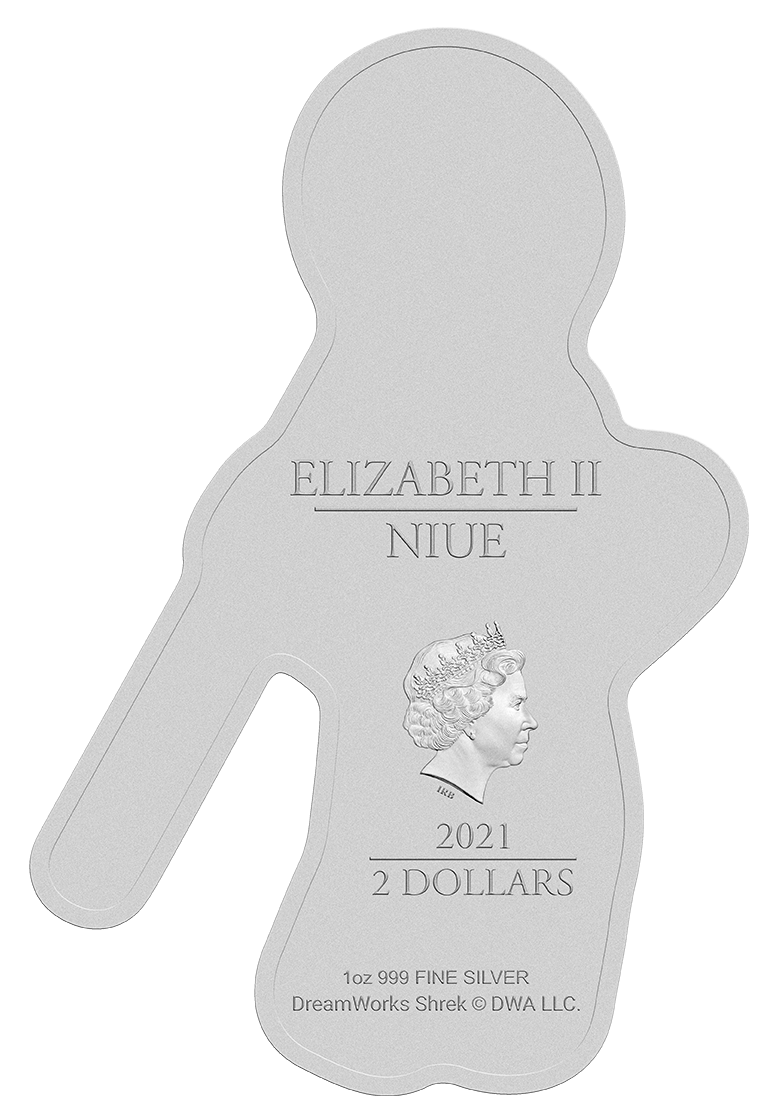 Niue 2021 $2 Shrek 20th Anniversary Gingy 1oz Silver Coloured Shaped Proof Coin