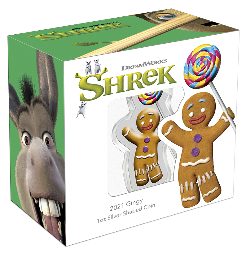 Niue 2021 $2 Shrek 20th Anniversary Gingy 1oz Silver Coloured Shaped Proof Coin