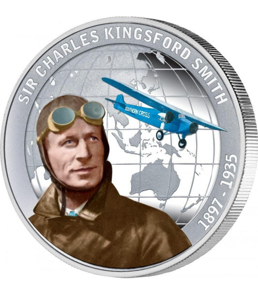 Tuvalu 2010 $1 Charles Kingsford Smith 1oz Silver Coloured Proof Coin