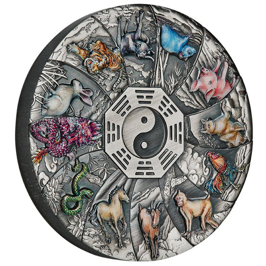 Tuvalu 2023 $5 12 Lunar Animals 5oz Silver Coloured Antiqued Coin