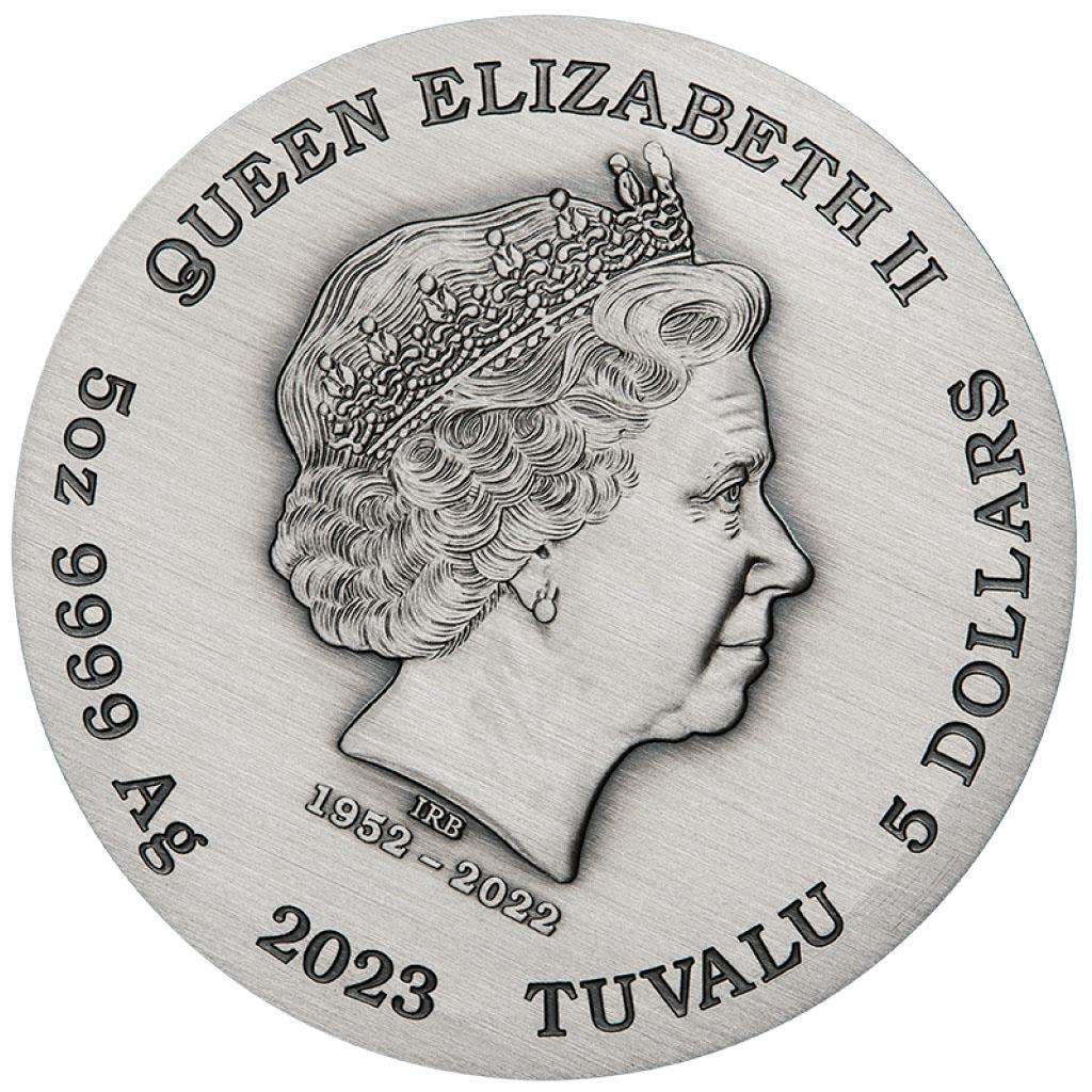 Tuvalu 2023 $5 12 Lunar Animals 5oz Silver Coloured Antiqued Coin