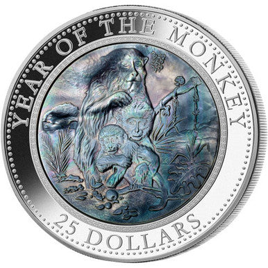 Cook Islands 2016 $25 Year of The Monkey 5oz Silver with Mother of Pearl Proof Coin