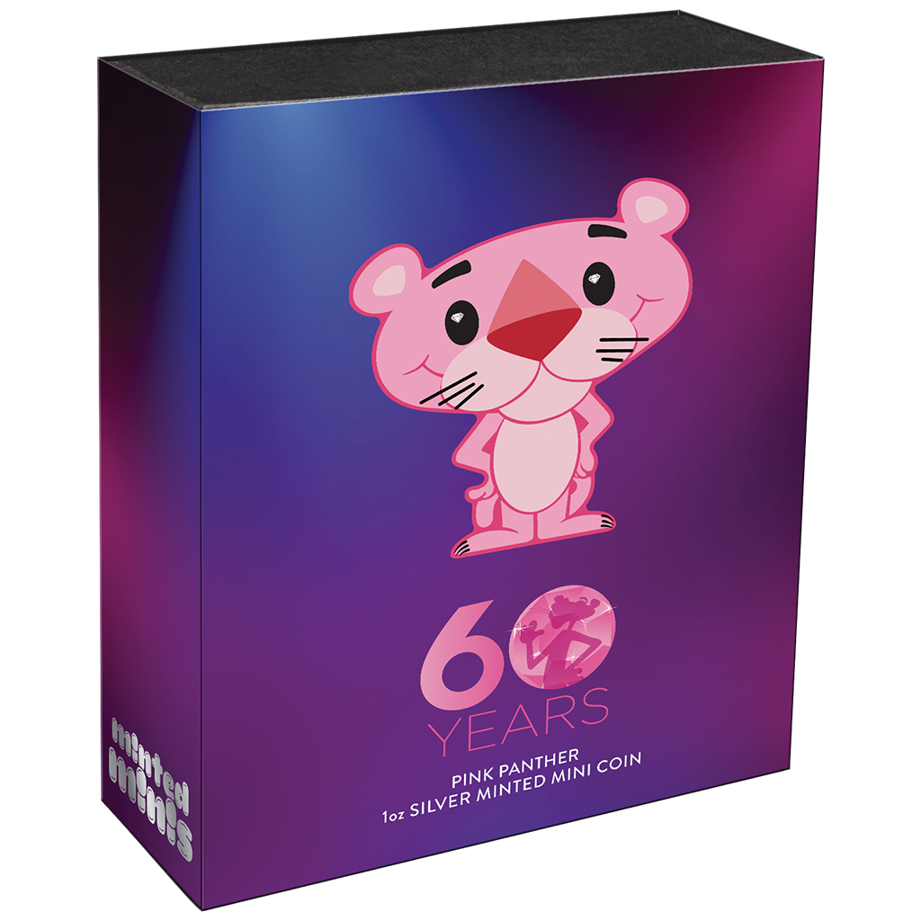 Tuvalu 2024 $1 Minted Mini 60 Years Pink Panther Shaped 1oz Silver Coloured Coin