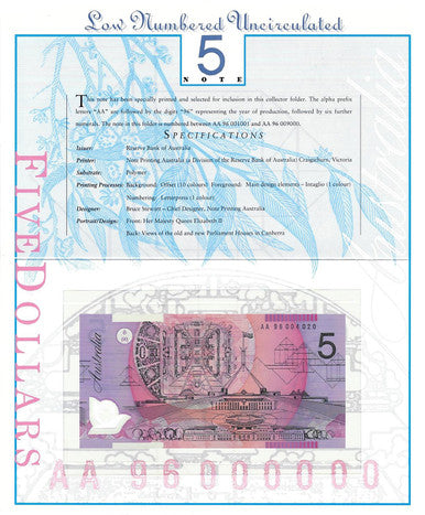 1996 $5 Deluxe Low Numbered Uncirculated Note