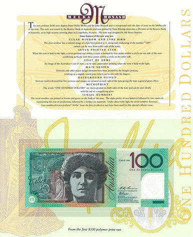 1996 $100 Melba and Monash Uncirculated Note