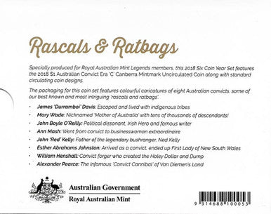 2018 Rascals & Ratbags Royal Australia Mint Legends Uncirculated Coin Set with $1 Australian Convict Era 'C' Mintmark Coin
