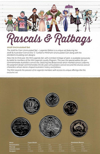 2018 Rascals & Ratbags Royal Australia Mint Legends Uncirculated Coin Set with $1 Australian Convict Era 'C' Mintmark Coin