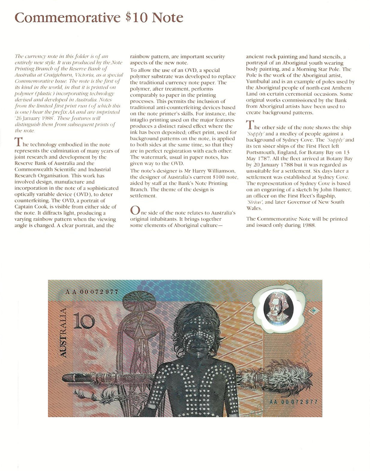 1988 $10 Commemorative Bicentennial First Prefix AA00 Uncirculated Note