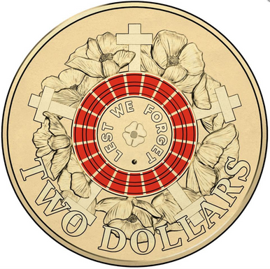 2015 $2 Lest We Forget 'Poppy' Counterstamp Coloured Circulating Coin