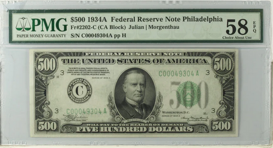 US 1934A 500 Dollars Federal Reserve Note Philadelphia Julian/Morgenthau PMG 58 Choice About Uncirculated Banknote