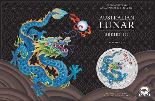 2024 $1 ANDA Perth Lunar Year of The Dragon Teal Dragon 1oz Silver Coloured Uncirculated Coin