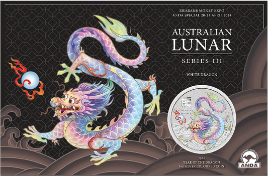 2024 $1 ANDA Brisbane Lunar Year of The Dragon White Dragon 1oz Silver Coloured Uncirculated Coin