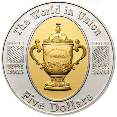 2003 $5 Rugby World Cup Selectively Gold Plated 1oz Silver Proof Coin