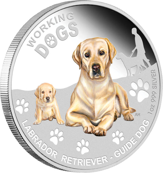 Tuvalu 2010 $1 Working Dogs Labrador Retriever Guide Dog 1oz Silver Coloured Proof Coin