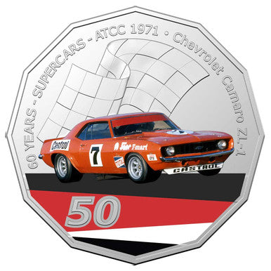 2020 50c 60 Years of Australian Supercars 1971 Chevrolet Camaro Coloured Uncirculated Coin