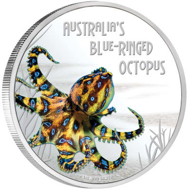 Tuvalu 2008 $1 Deadly and Dangerous Blue Ringed Octopus 1oz Silver Coloured Proof Coin