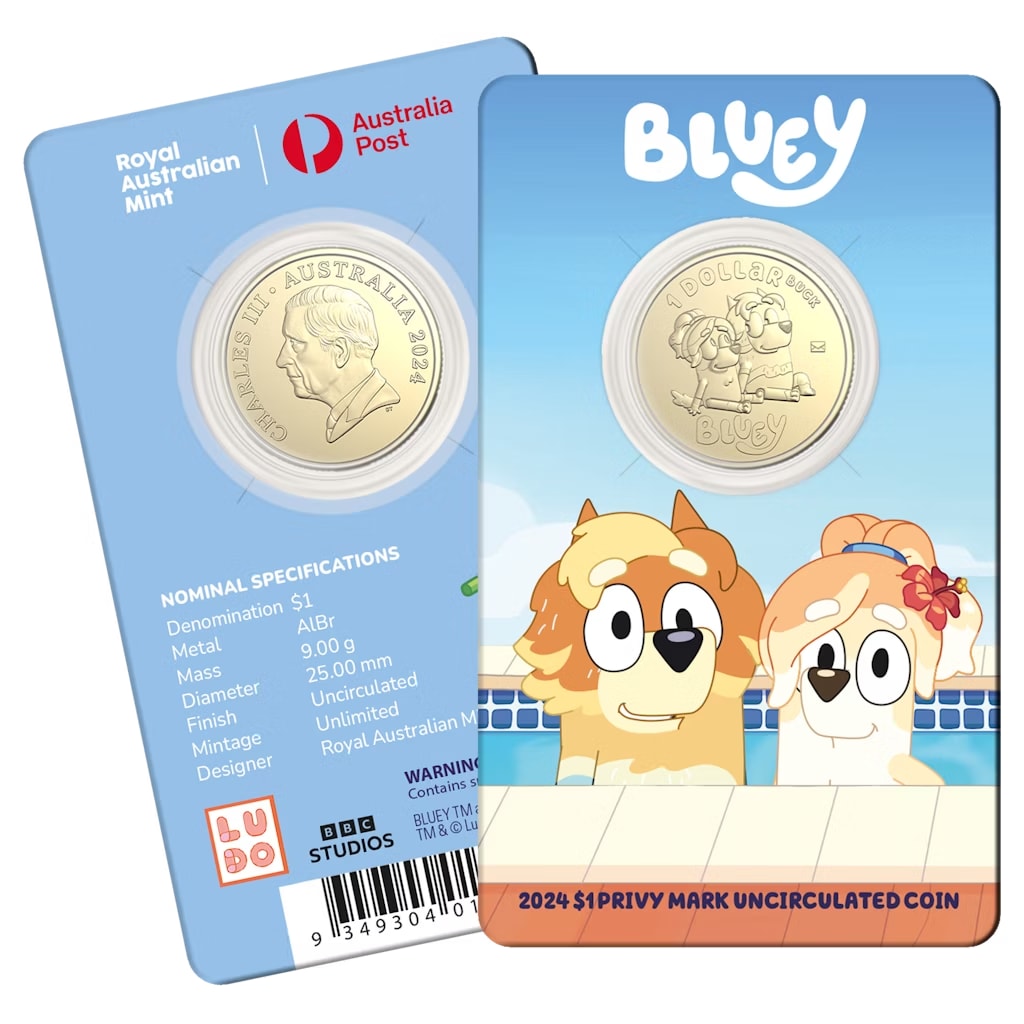 2024 $1 Bluey Uncle Rad and Frisky Envelope Privy Mark Uncirculated Coin