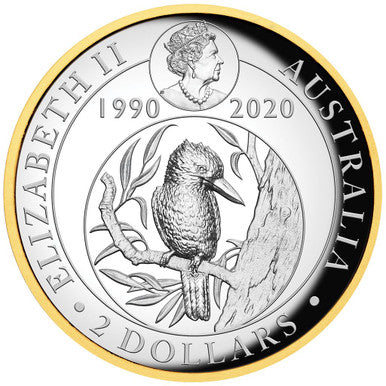 2020 $1 Australian Kookaburra 30 Years 2oz Silver High Relief Gilded Proof Coin