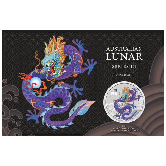 2024 $1 Lunar Year of The Dragon Purple Dragon 1oz Silver Coloured Uncirculated Coin