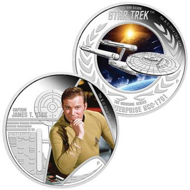 Tuvalu 2015 $1 Star Trek Captain James T. Kirk and USS Enterprise NCC-1701 1oz Silver Coloured Proof 2 Coin Set