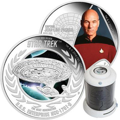 Tuvalu 2015 $1 Star Trek Captain Jean-Luc Picard and USS Enterprise NCC-1701-D 1oz Silver Coloured Proof 2 Coin Set