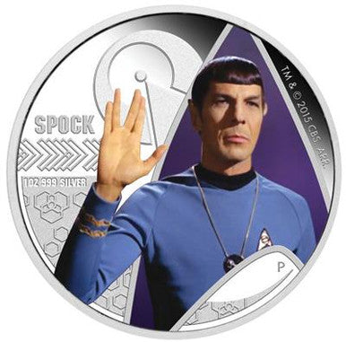 Tuvalu 2015 $1 Star Trek Mr. Spock 1oz Silver Coloured Proof Coin