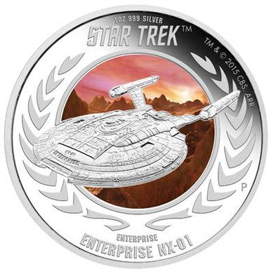 Tuvalu 2015 $1 Star Trek Captain Jonathan Archer and Enterprise NX-01 1oz Silver Coloured Proof 2 Coin Set