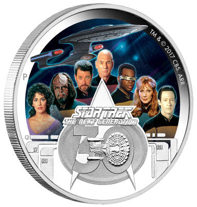 Tuvalu 2017 $2 Star Trek The Next Generation 30th Anniversary USS Enterprise NCC-1701-D Crew 2oz Silver Coloured Proof Coin