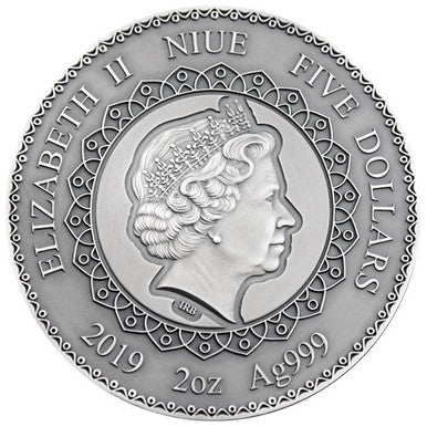 Niue 2019 $5 Mandala Collection Elephant 2oz Silver Antiqued Coin with Swarovski Crystal