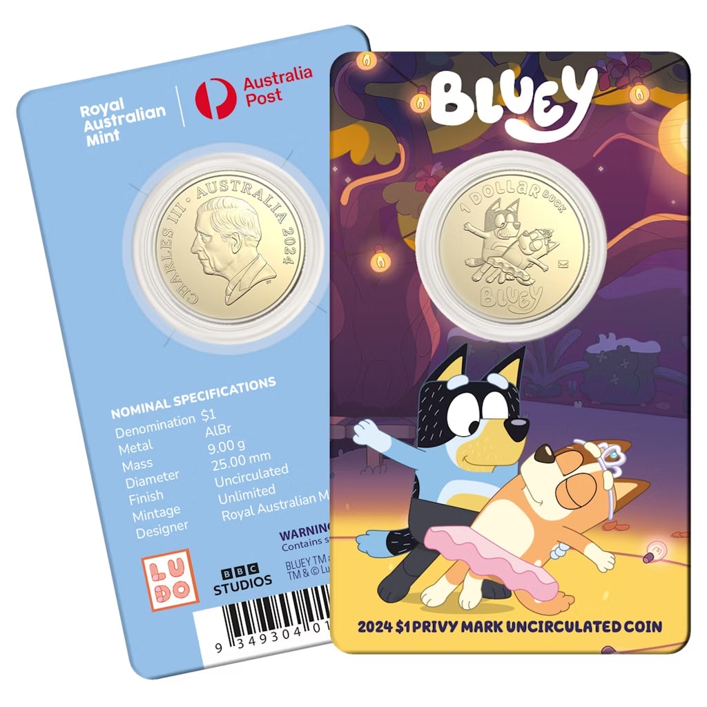 2024 $1 Bluey Mum and Dad Envelope Privy Mark Uncirculated Coin