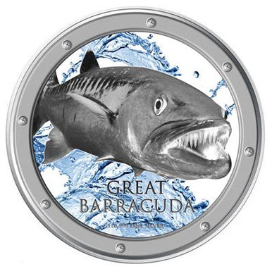 Niue 2015 $2 Ocean Predators Great Barracuda 1oz Silver Coloured Proof Coin