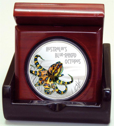 Tuvalu 2008 $1 Deadly and Dangerous Blue Ringed Octopus 1oz Silver Coloured Proof Coin
