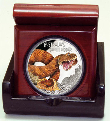 Tuvalu 2016 $1 Deadly and Dangerous Death Adder 1oz Silver Coloured Proof Coin