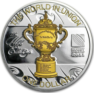 NZ 2011 $1 Webb Ellis Cup Selectively Gold Plated 1oz Silver Proof Coin